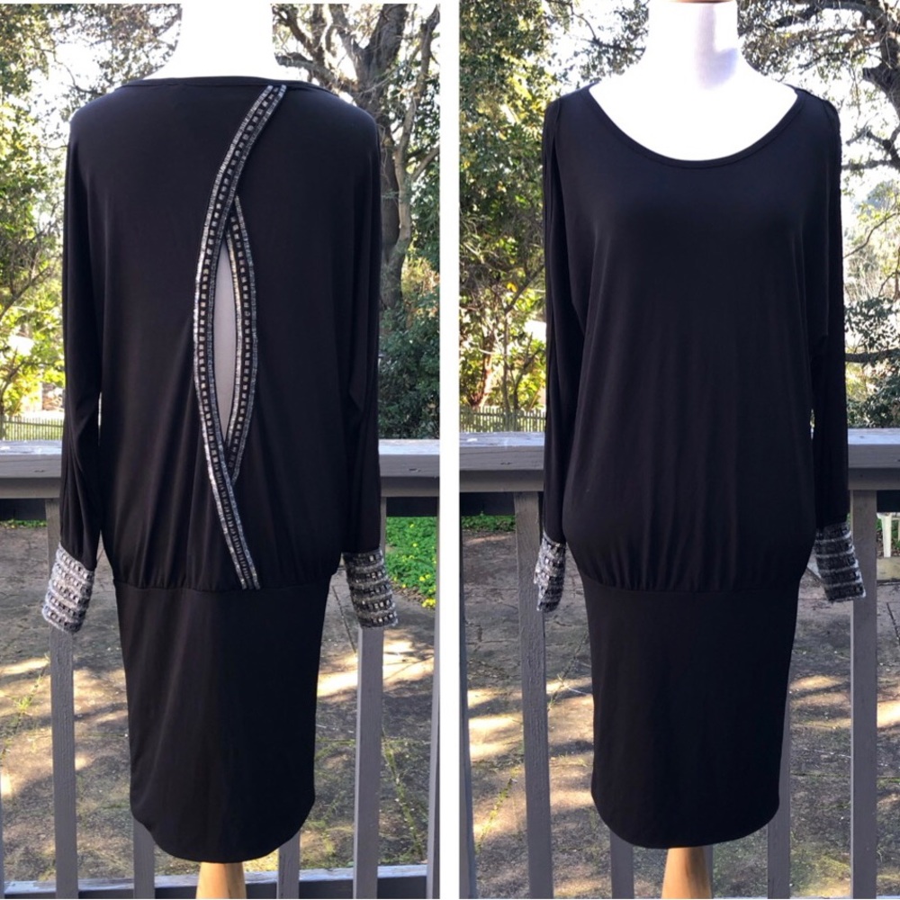 Gent & Flapper 80s 90s Beaded Sleeves Cutout Back Black Cocktail Dress size XS/S